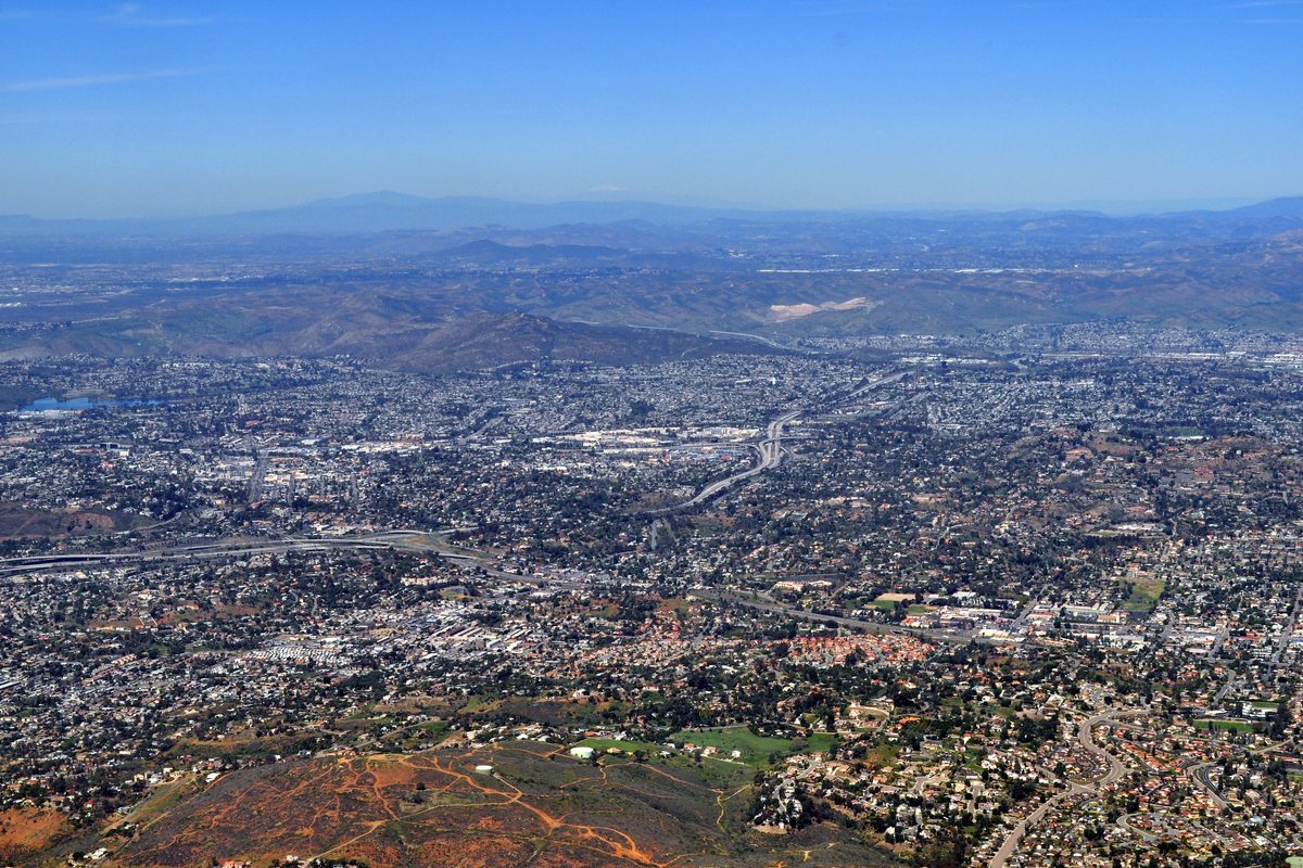 Aerial view over Lake Murray and La Mesa toward El Cajon