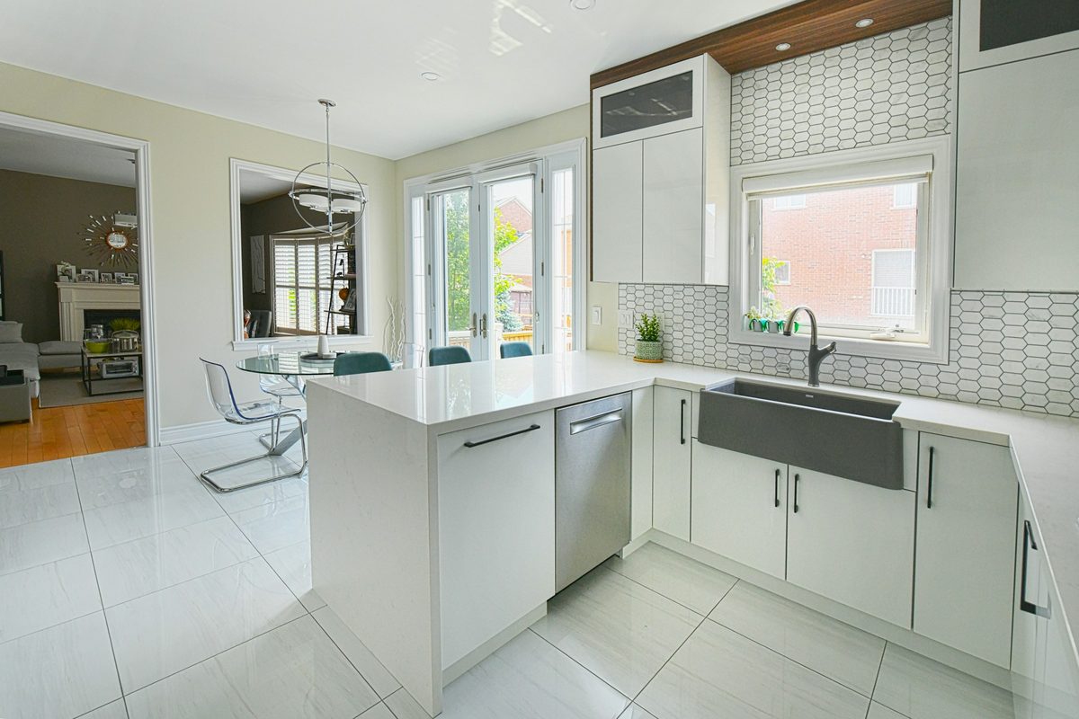 Built-in dishwasher beside the sink in a modern white kitchen